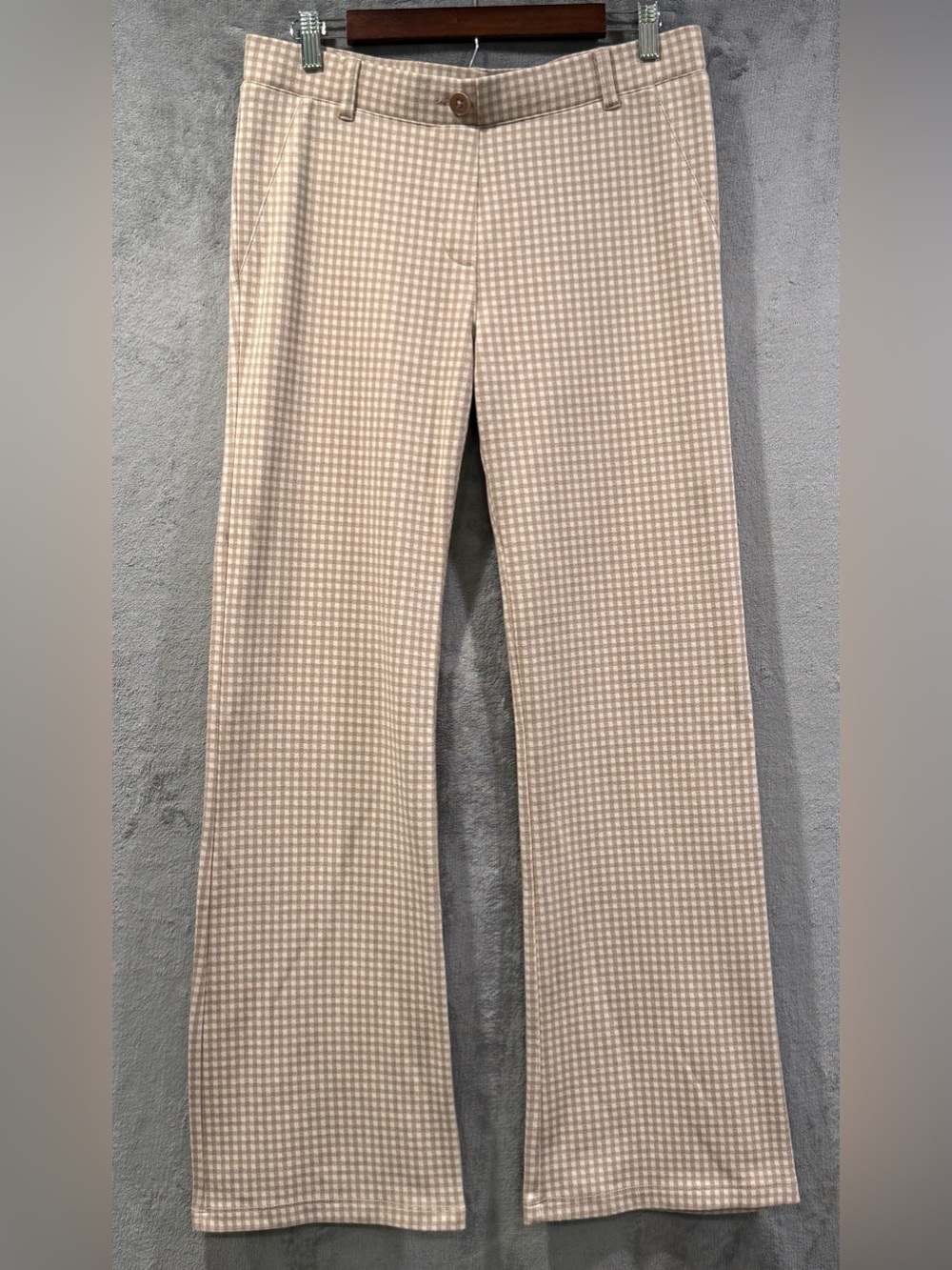 Betabrand Wide Leg Dress Tan Gingham Check Yoga Pants Women’s Size L Retro